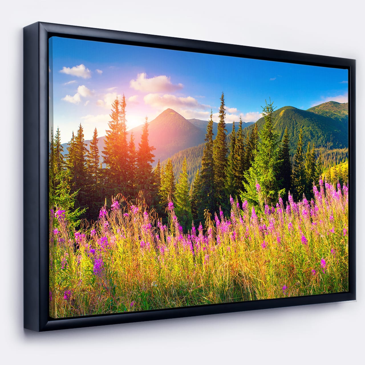 Designart - Mountains with Pink Flowers - Floral Canvas art print in Black Frame